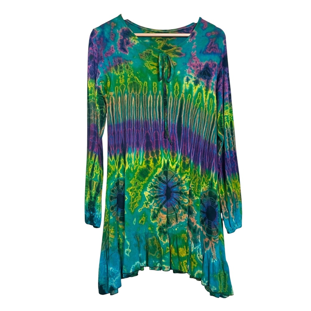 NWT Tie-Dye Tunic Top Stretch Jersey Hippie Women Long Sleeve Ruffle One Size